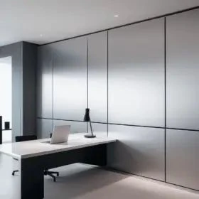 Oficina con muros revestidos en paneles de aluminio compuesto gris